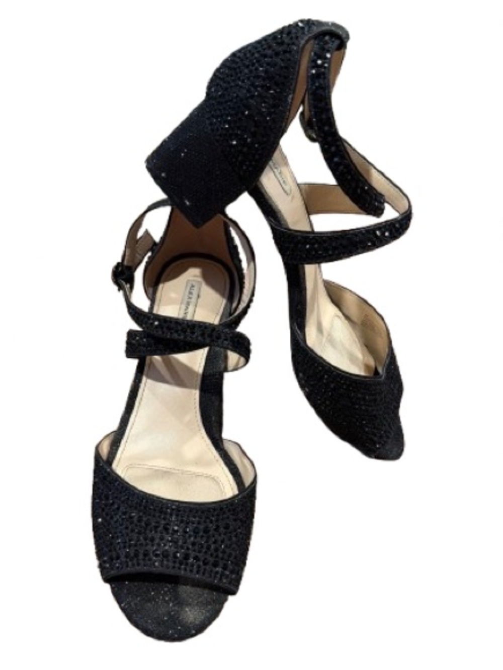 Alex Marie Women’s Black Strappy Evening Sandals with Rhinestone Detail Size 8